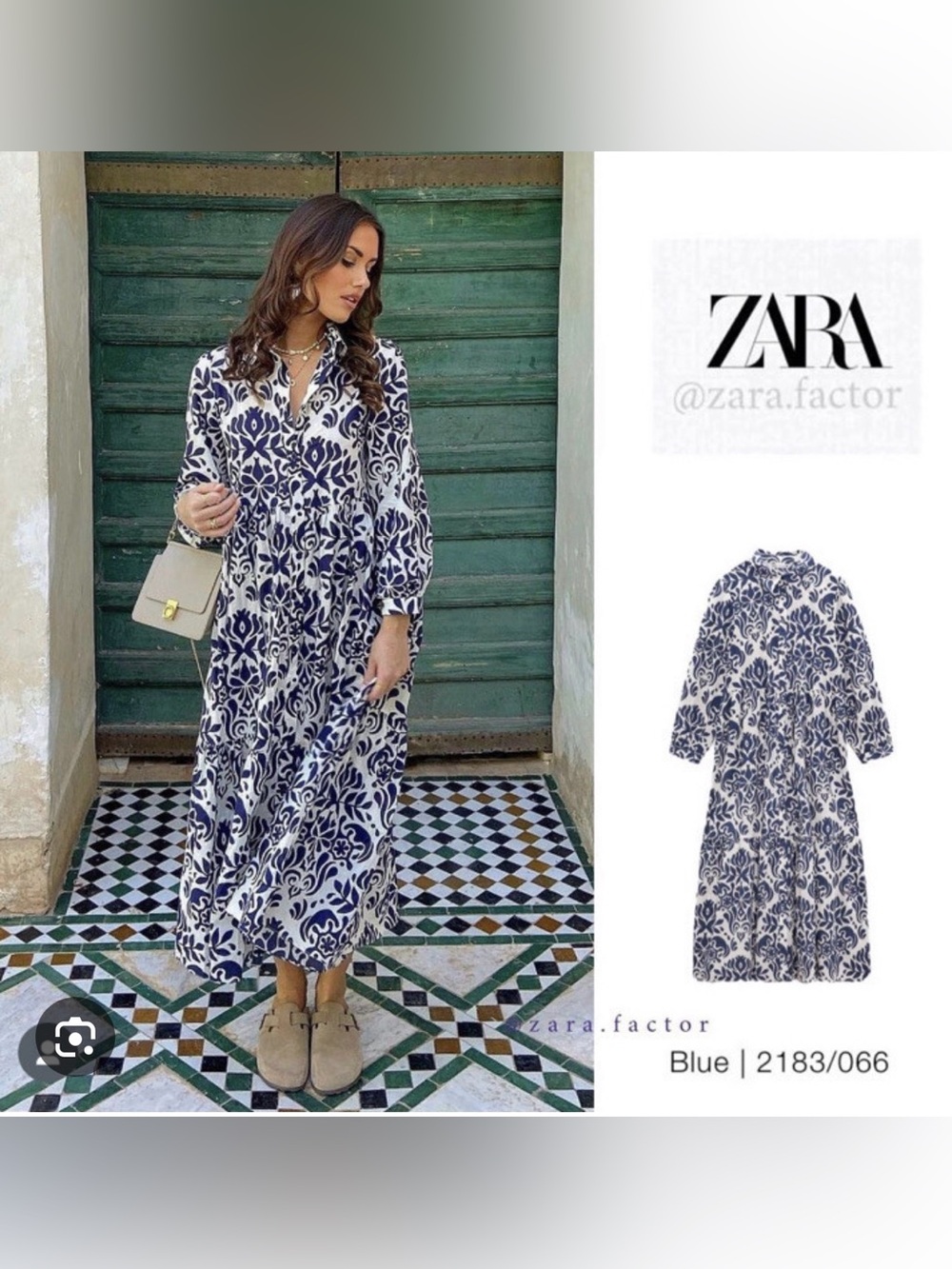 Zara Cotton Printed Midi Dress in blue and white